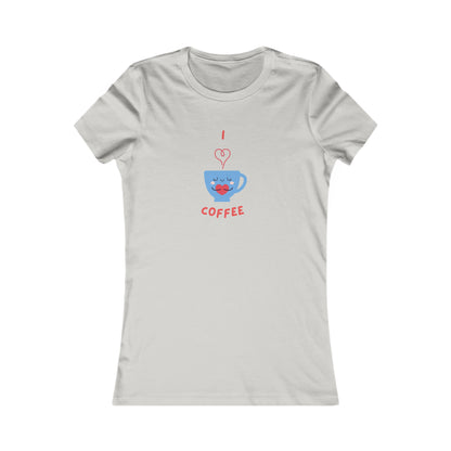 Printify white t-shirt with cute blue coffee cup and red I love coffee design for coffee and tees lovers