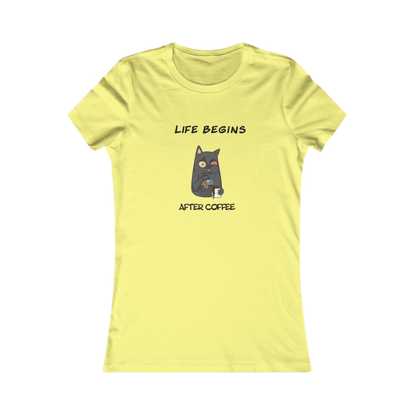 Yellow Printify T-Shirt with Life Begins After Coffee Cat Design coffee and tees
