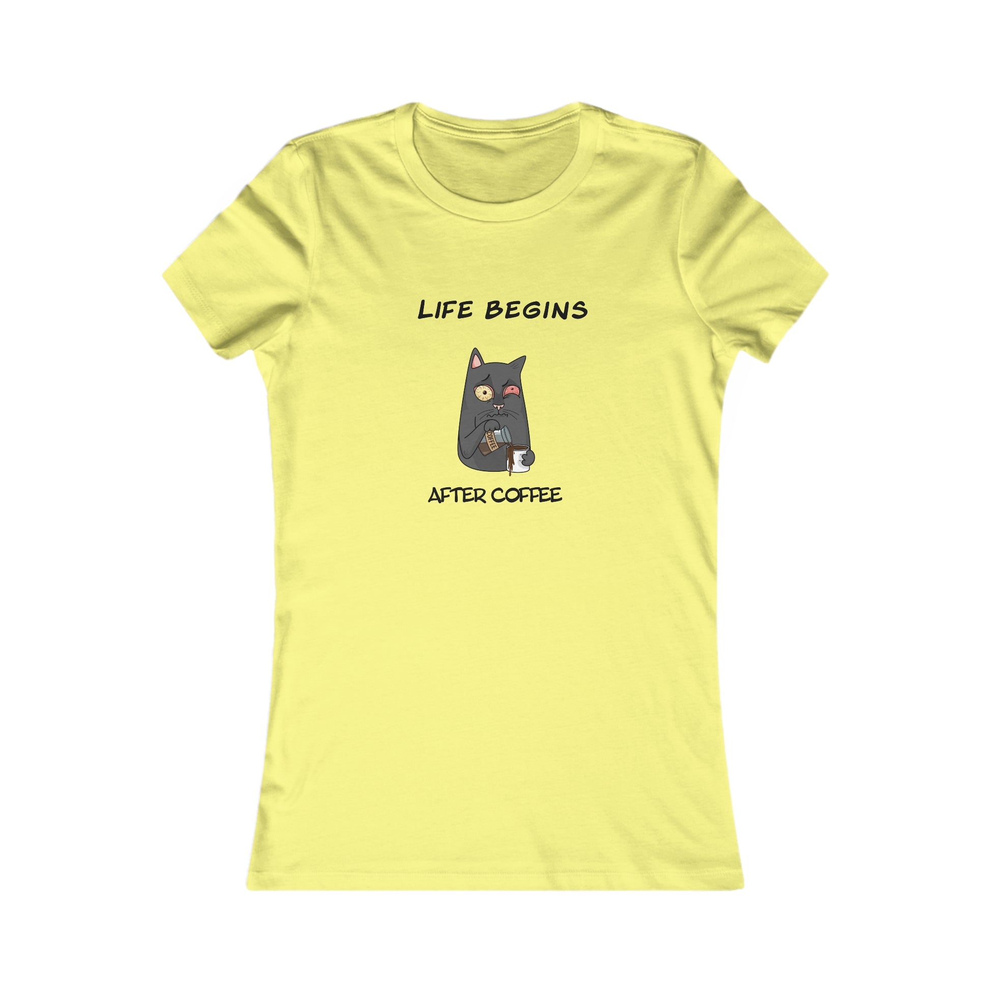 Yellow Printify T-Shirt with Life Begins After Coffee Cat Design coffee and tees