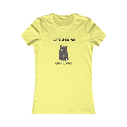 Yellow Printify T-Shirt with Life Begins After Coffee Cat Design coffee and tees