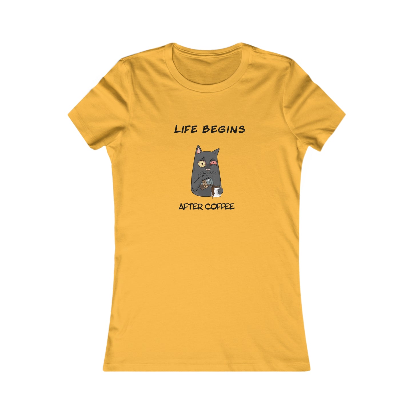 Yellow Printify t-shirt with Life Begins After Coffee cat graphic from coffee and tees collection