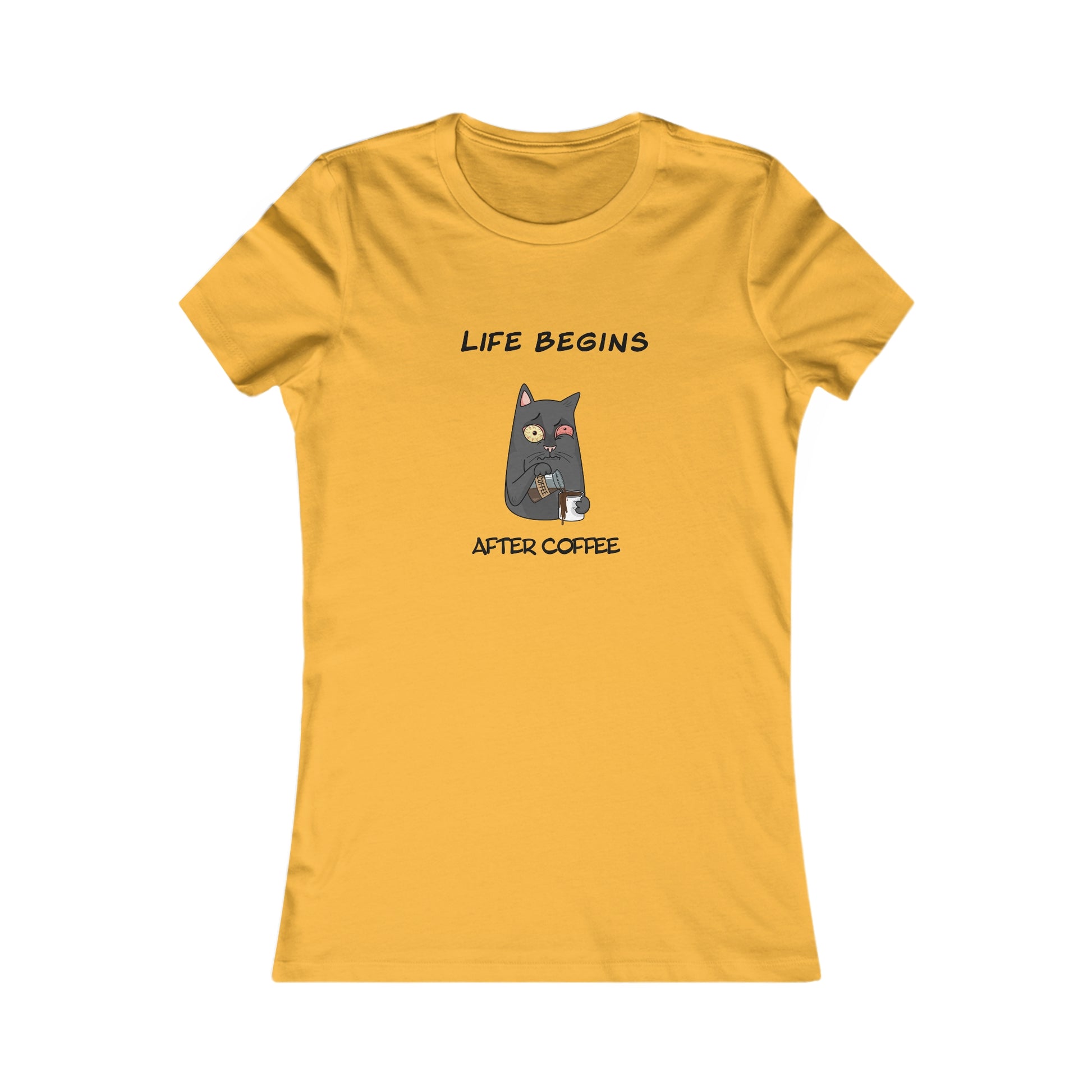 Yellow Printify t-shirt with Life Begins After Coffee cat graphic from coffee and tees collection