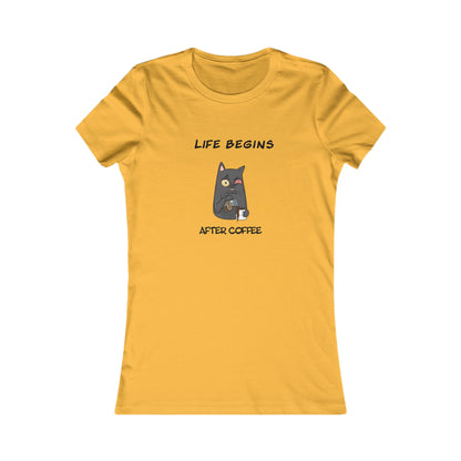 Yellow Printify t-shirt with Life Begins After Coffee cat graphic from coffee and tees collection