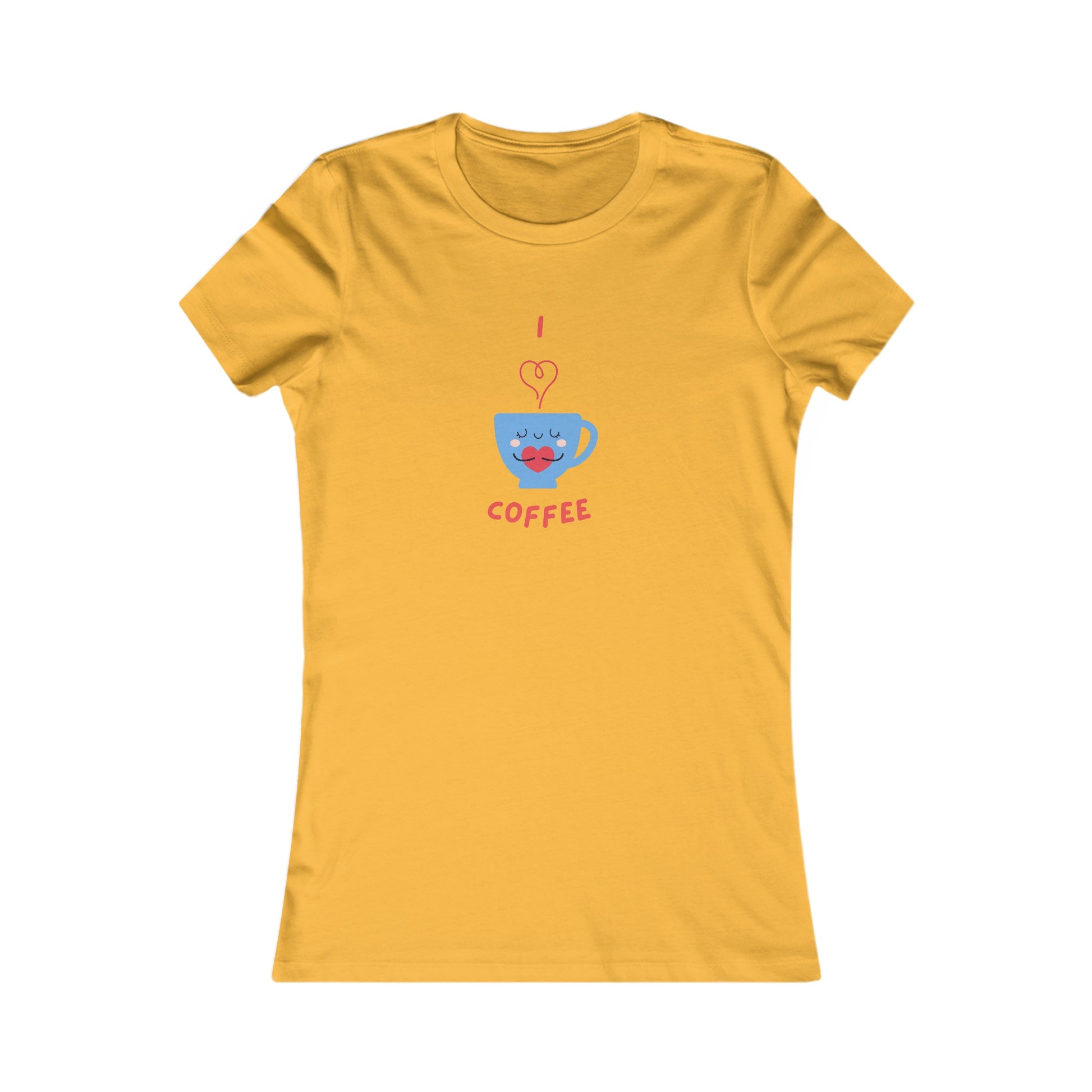 Yellow Printify t-shirt with cute blue coffee cup and I love coffee design for coffee and tees lovers