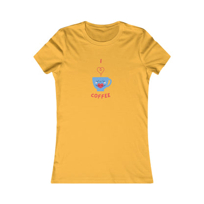 Yellow Printify t-shirt with cute blue coffee cup and I love coffee design for coffee and tees lovers