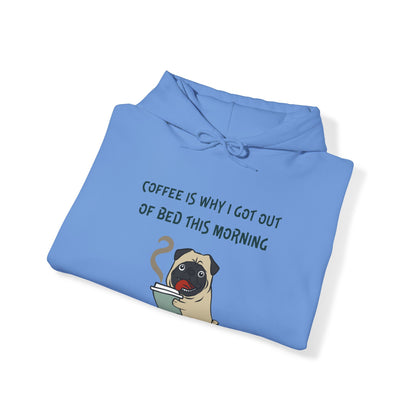 Light blue Printify coffee dog hoodie with a cute pug holding a coffee cup and humorous text