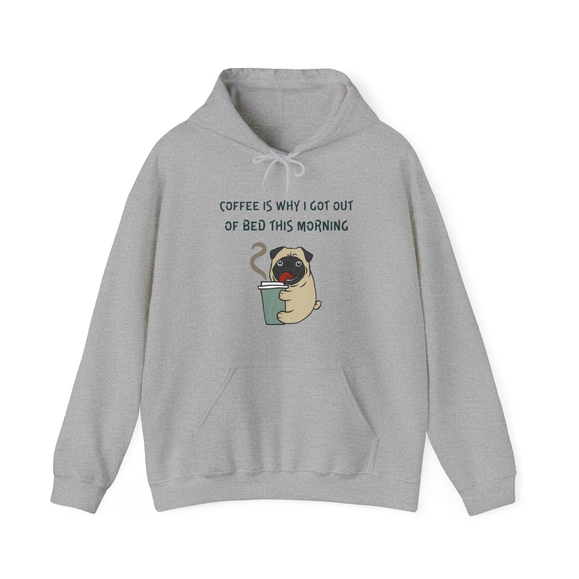 Gray Printify hoodie featuring a cute coffee dog hoodie design with a pug holding a coffee cup
