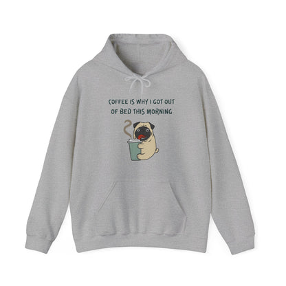 Gray Printify hoodie featuring a cute coffee dog hoodie design with a pug holding a coffee cup