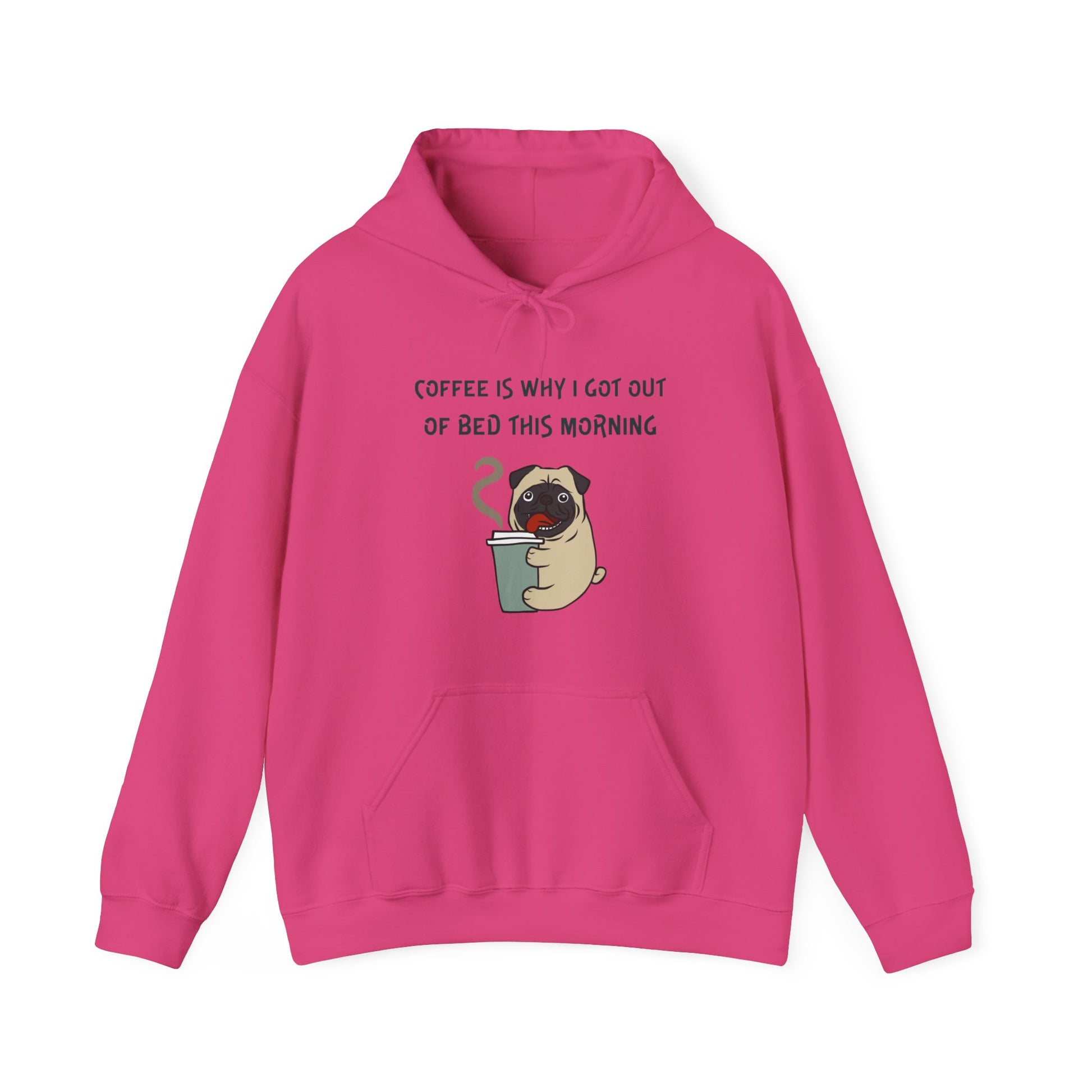 Pink coffee dog hoodie with cute pug holding a coffee cup and funny morning quote