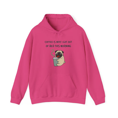 Pink coffee dog hoodie with cute pug holding a coffee cup and funny morning quote