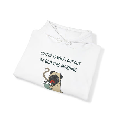 White coffee dog hoodie with a pug holding a coffee cup and text about coffee motivation