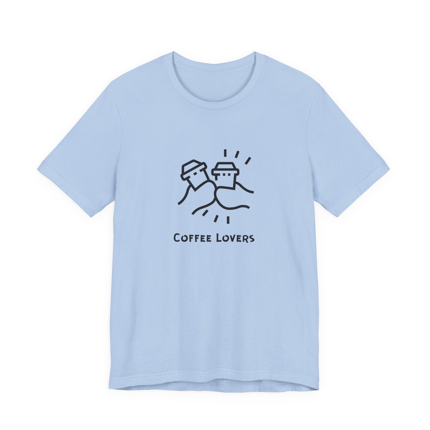 Light blue Printify t-shirt with coffee cups design and coffee lovers tee text