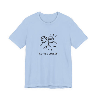 Light blue Printify t-shirt with coffee cups design and coffee lovers tee text