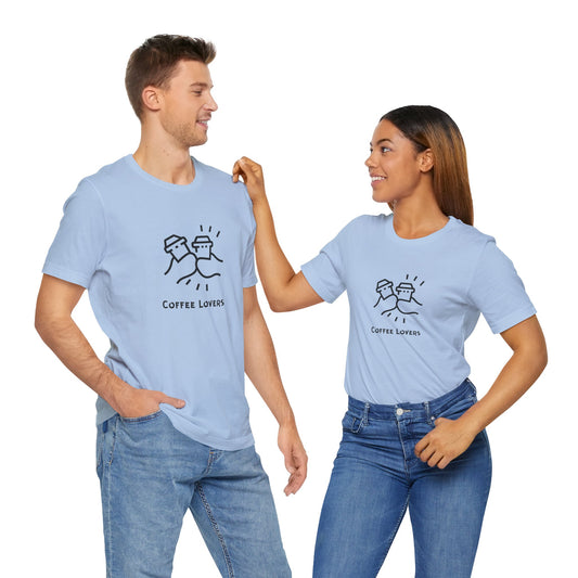 Light blue Printify coffee lovers tee worn by man and woman smiling and posing together