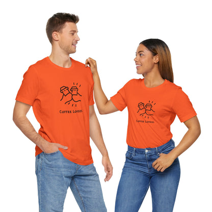 Printify coffee lovers tee in bright orange worn by man and woman with matching design