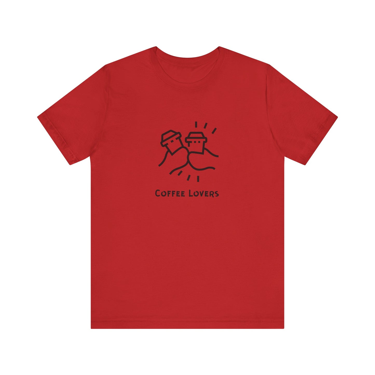 Red coffee lovers tee with black coffee cup graphic and text printed on the front by Printify