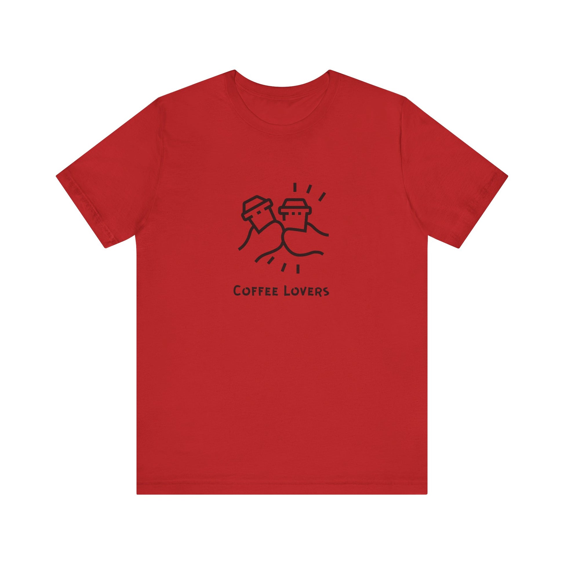Red coffee lovers tee with black coffee cup graphic and text printed on the front by Printify