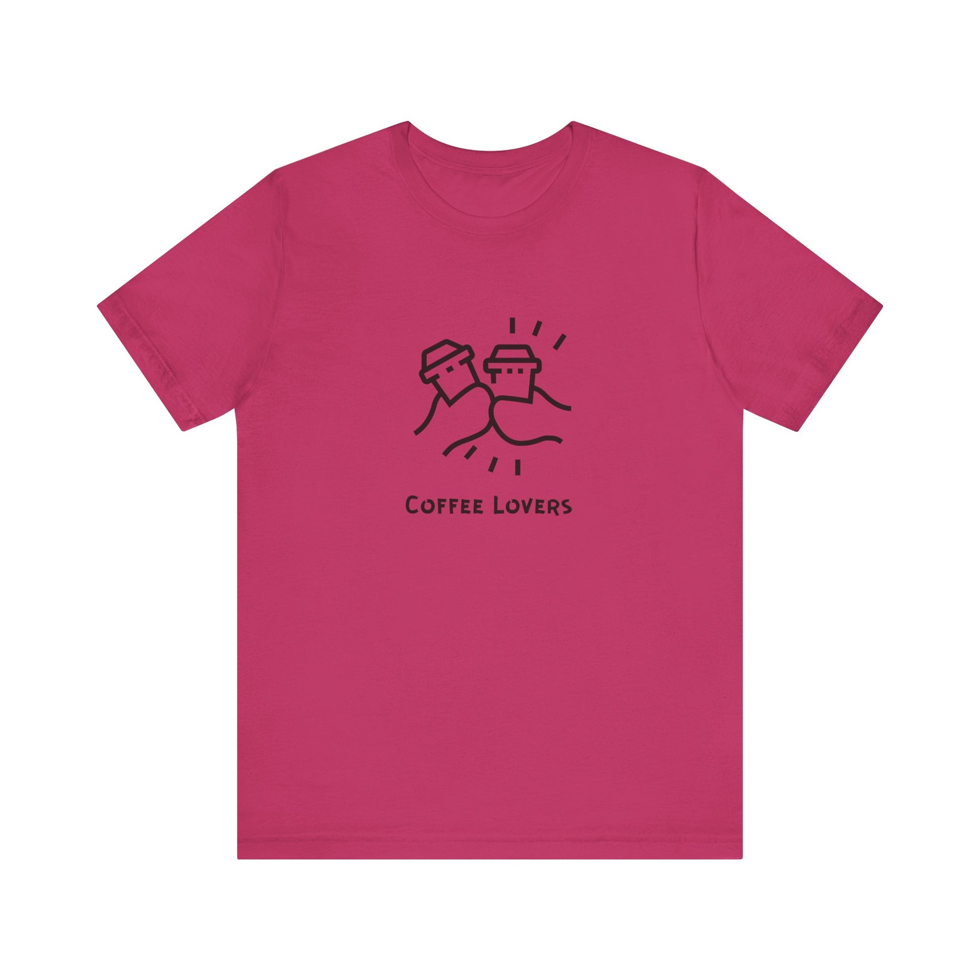 Pink Printify coffee lovers tee with black coffee cup graphic and text for casual wear