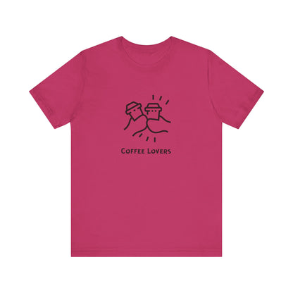 Pink Printify coffee lovers tee with black coffee cup graphic and text for casual wear