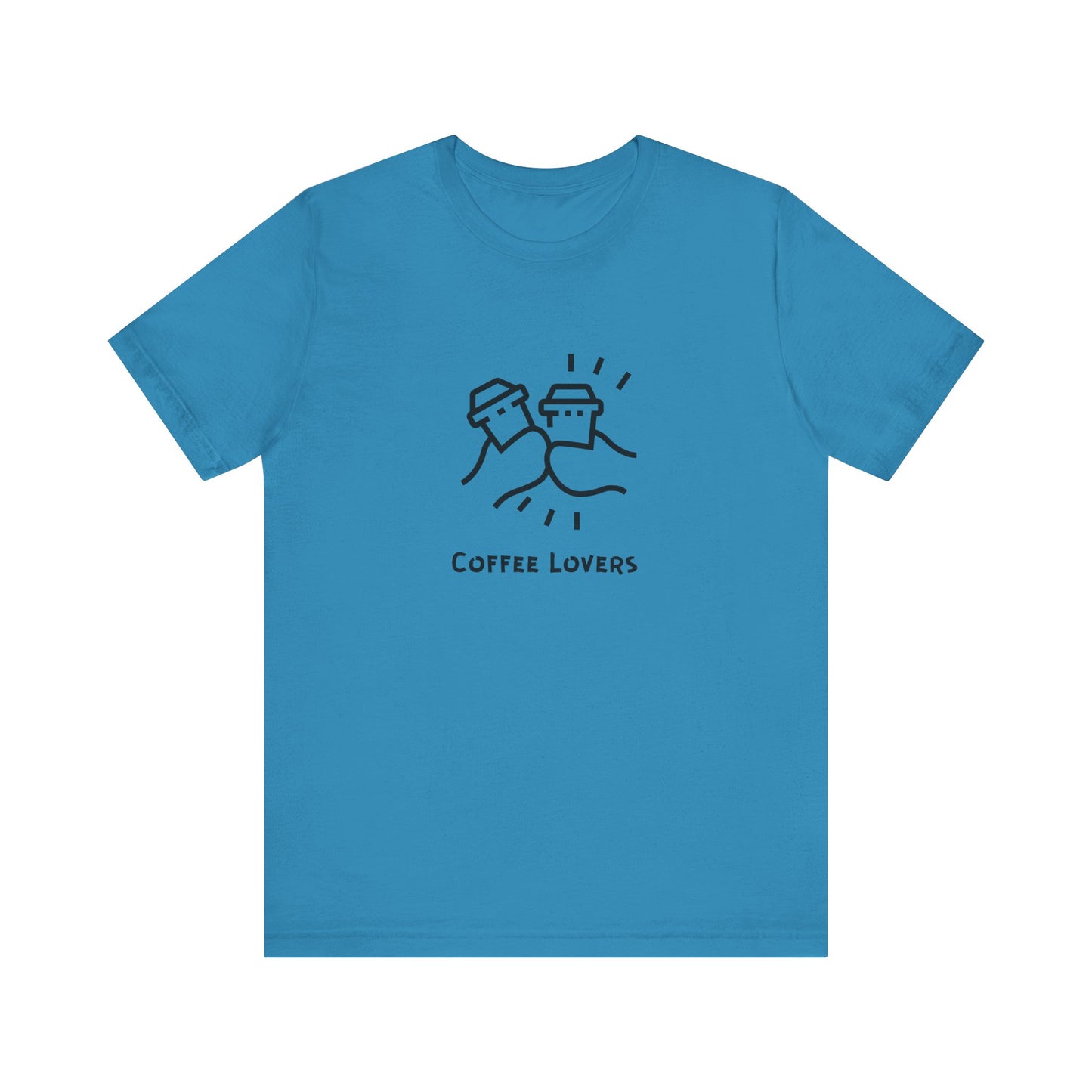 Blue Printify T-shirt with coffee lovers tee design featuring two coffee cups illustration