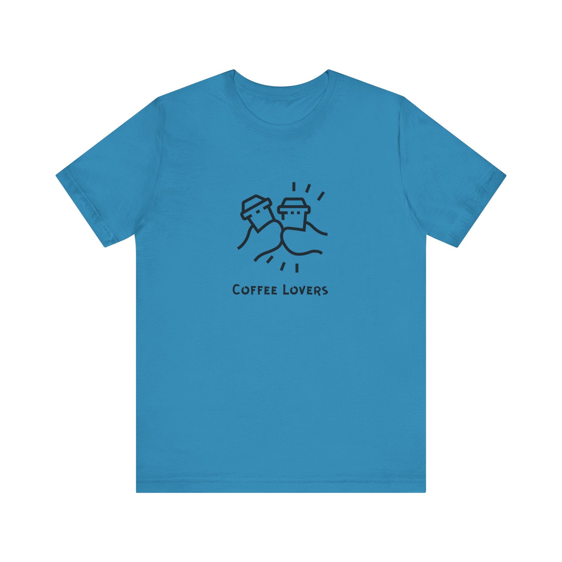 Blue Printify T-shirt with coffee lovers tee design featuring two coffee cups illustration