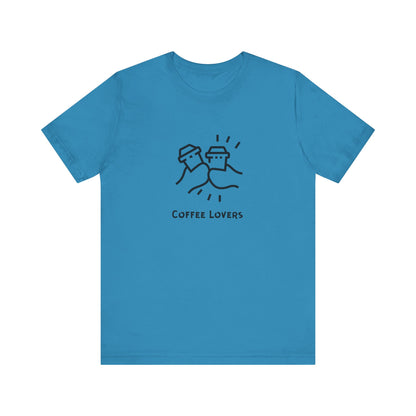 Blue Printify T-shirt with coffee lovers tee design featuring two coffee cups illustration