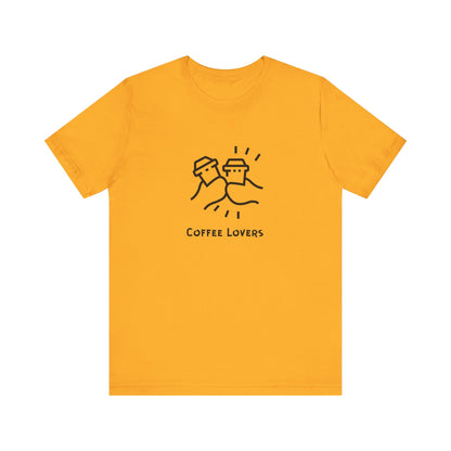 Yellow Printify t-shirt with coffee lovers tee design featuring two stylized coffee cups