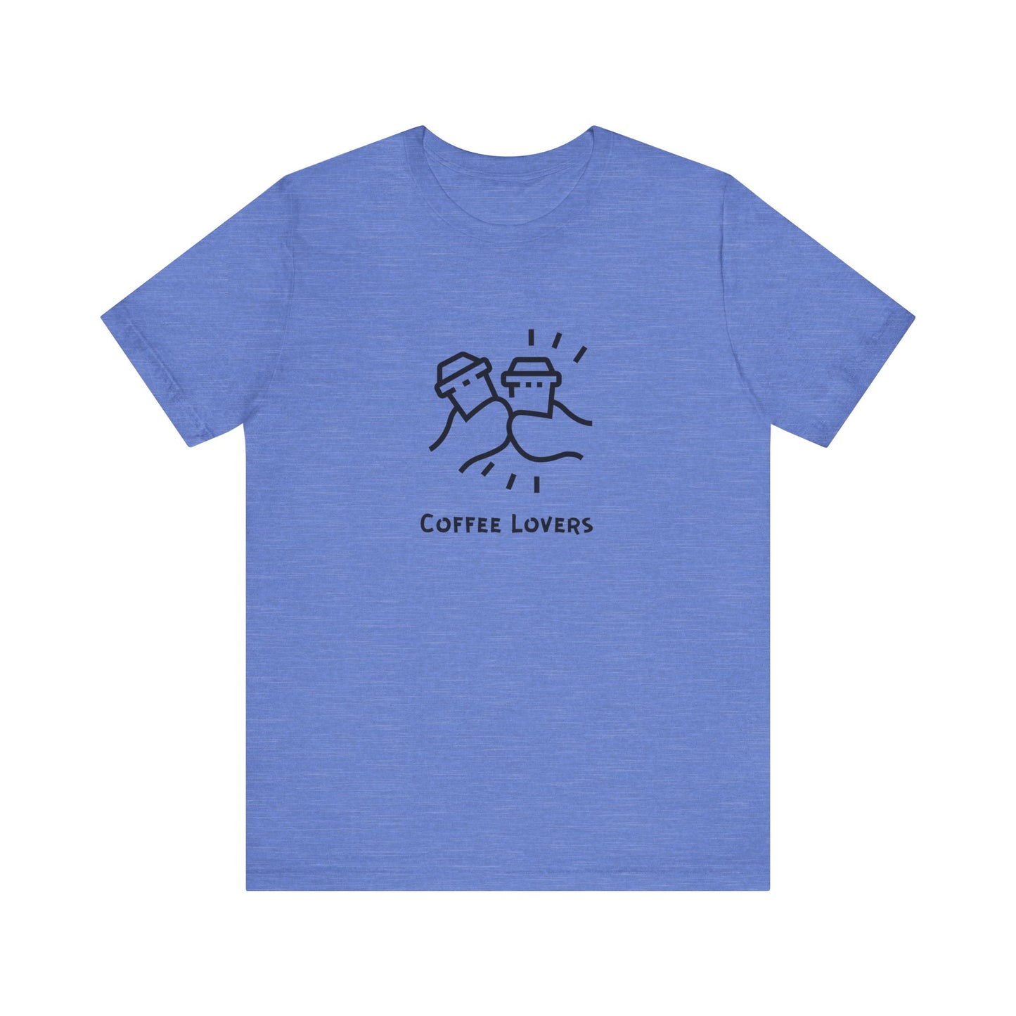 Blue Printify t-shirt with coffee lovers tee graphic featuring two coffee cups clinking
