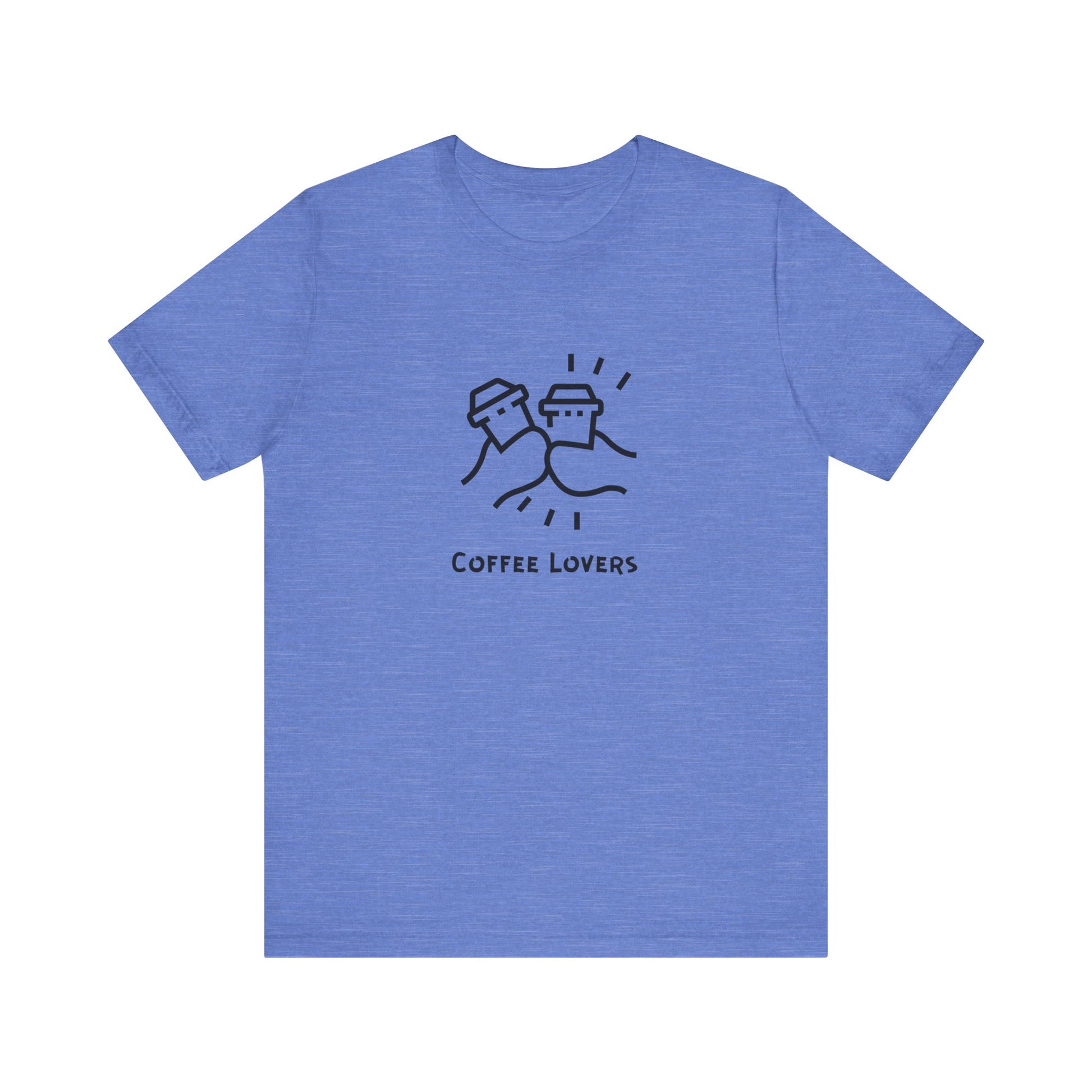 Blue Printify t-shirt with coffee lovers tee graphic featuring two coffee cups clinking