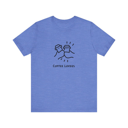 Blue Printify t-shirt with coffee lovers tee graphic featuring two coffee cups clinking