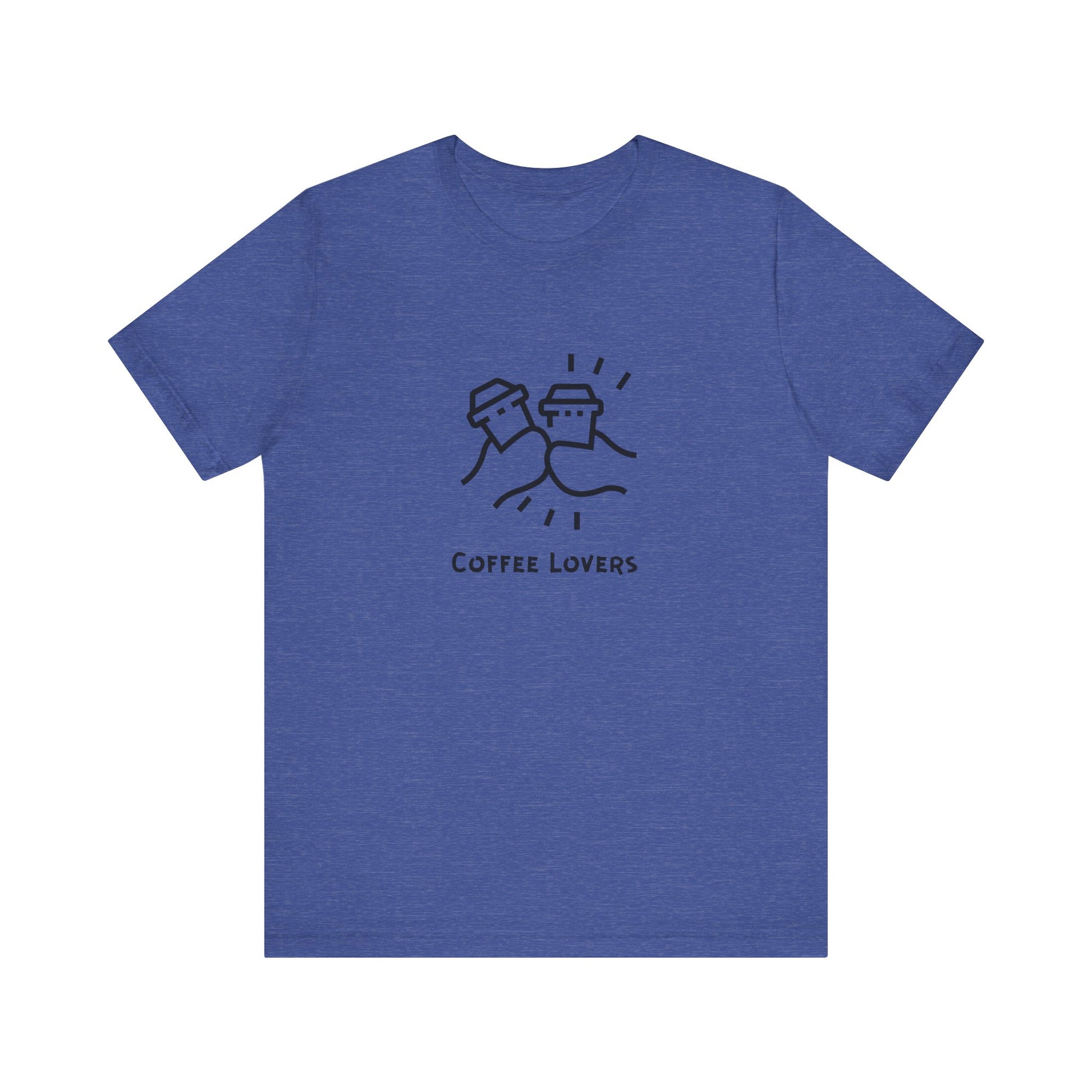 Blue Printify t-shirt with coffee lovers tee design featuring two clinking coffee cups