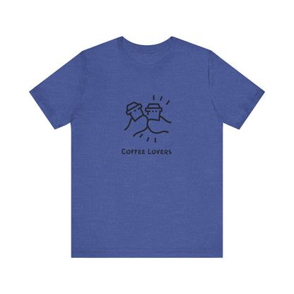 Blue Printify t-shirt with coffee lovers tee design featuring two clinking coffee cups