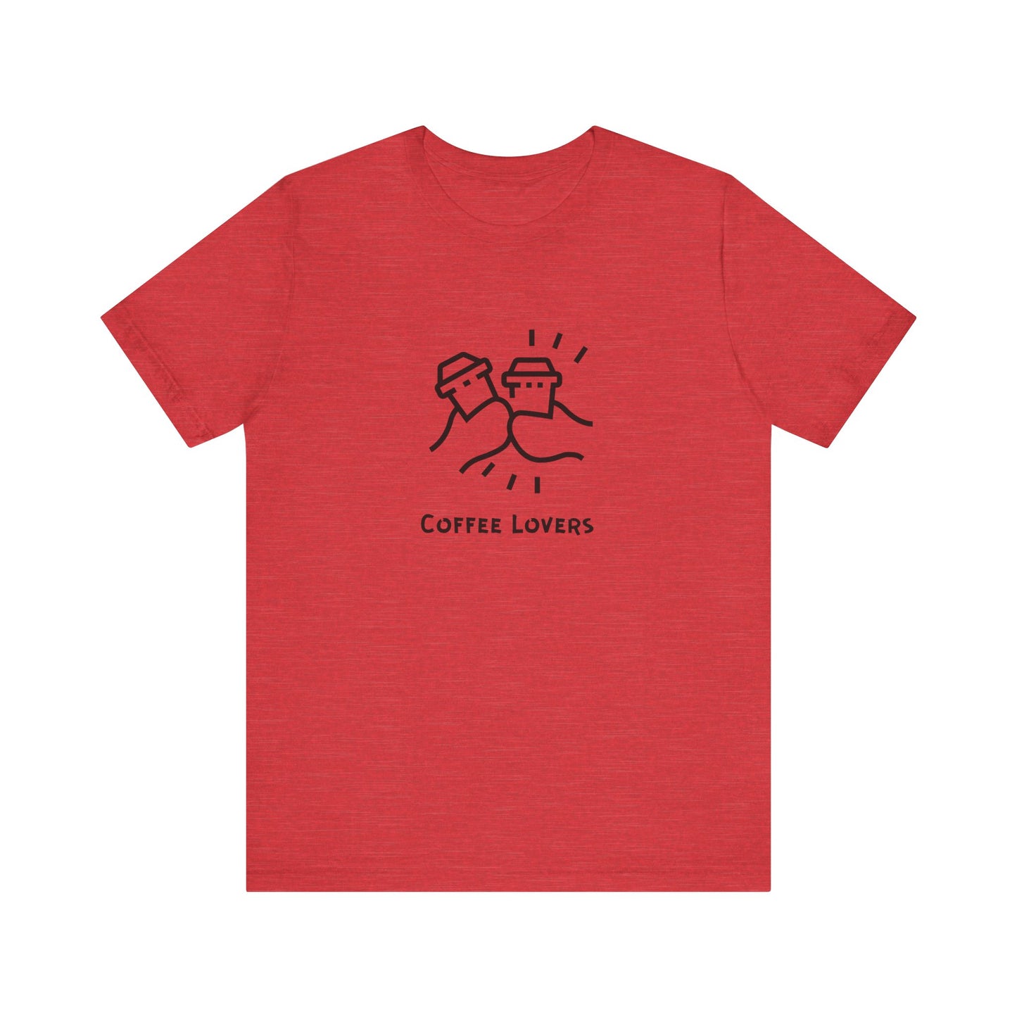 Red Printify coffee lovers tee with two coffee cup characters and coffee lovers text