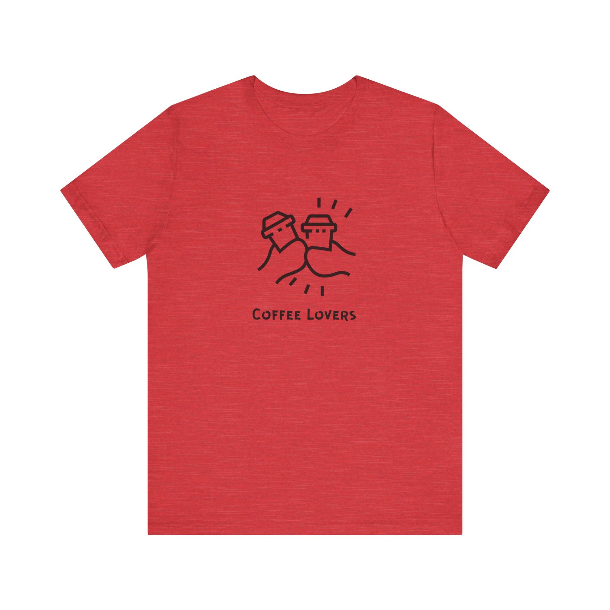 Red Printify coffee lovers tee with two coffee cup characters and coffee lovers text