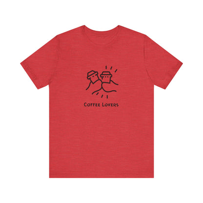 Red Printify coffee lovers tee with two coffee cup characters and coffee lovers text