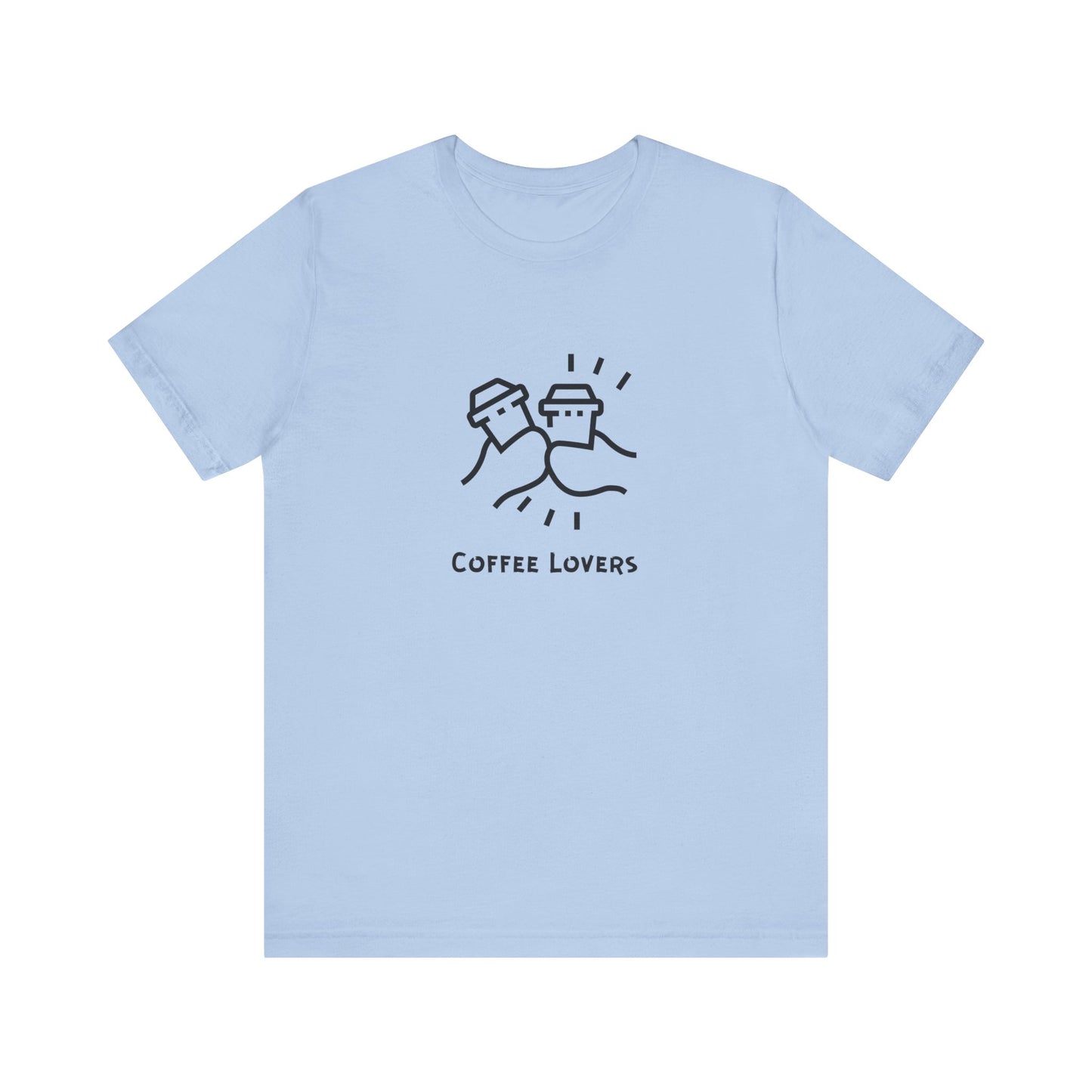 Light blue Printify coffee lovers tee with minimalist coffee cup graphic and text