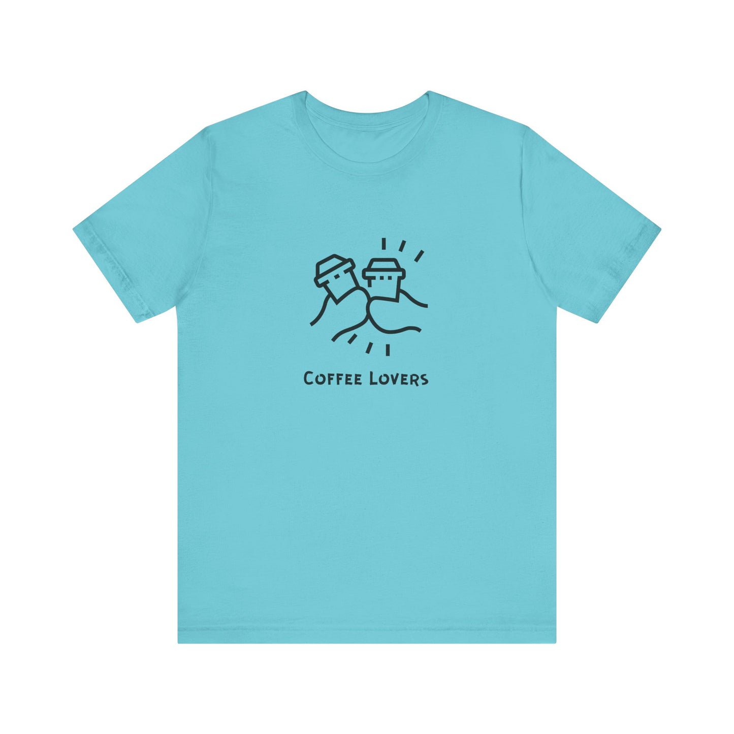 Light blue Printify T-shirt with coffee lovers tee design featuring two coffee cups clinking