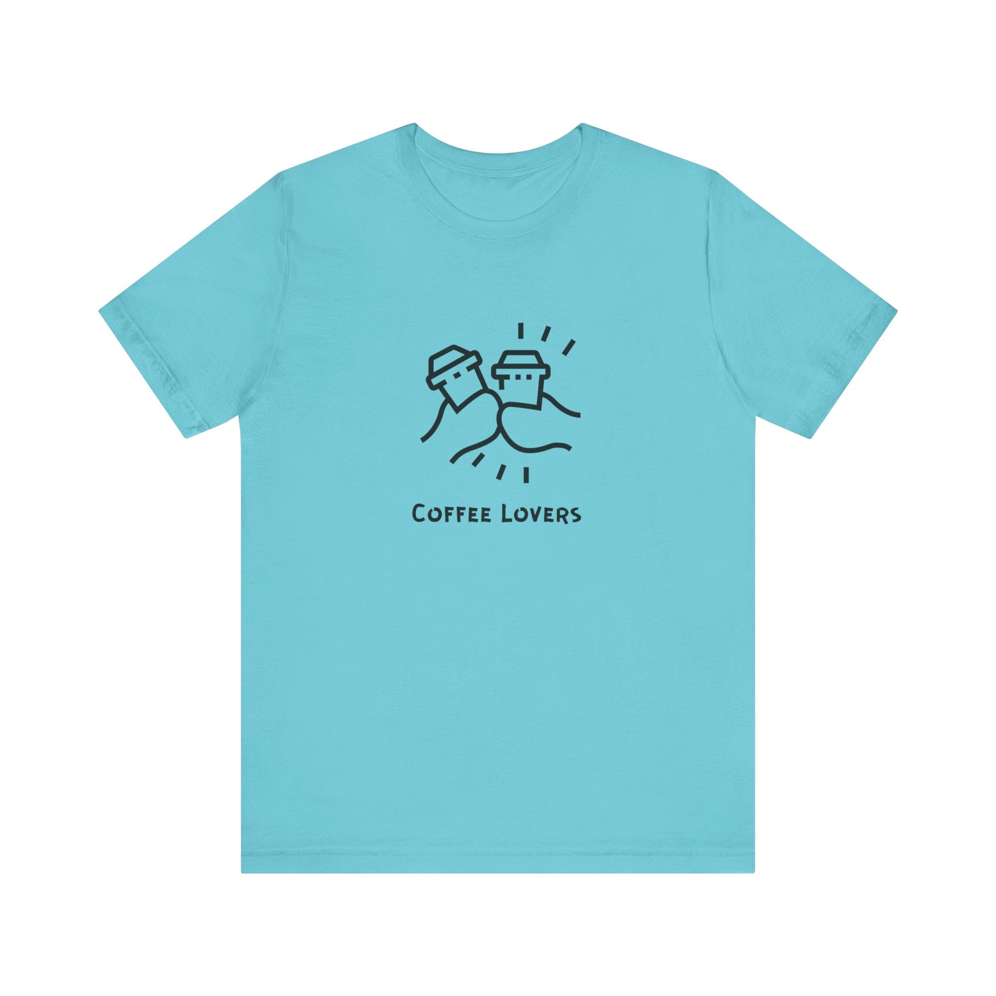 Light blue Printify T-shirt with coffee lovers tee design featuring two coffee cups clinking