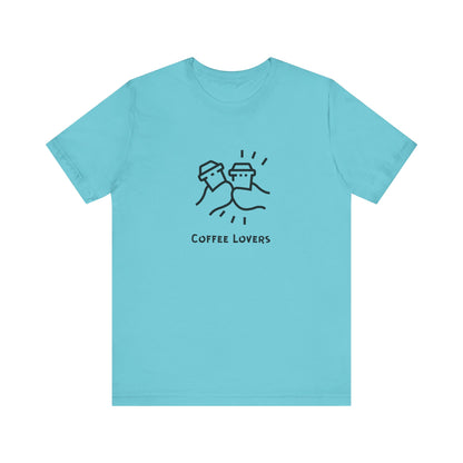 Light blue Printify T-shirt with coffee lovers tee design featuring two coffee cups clinking