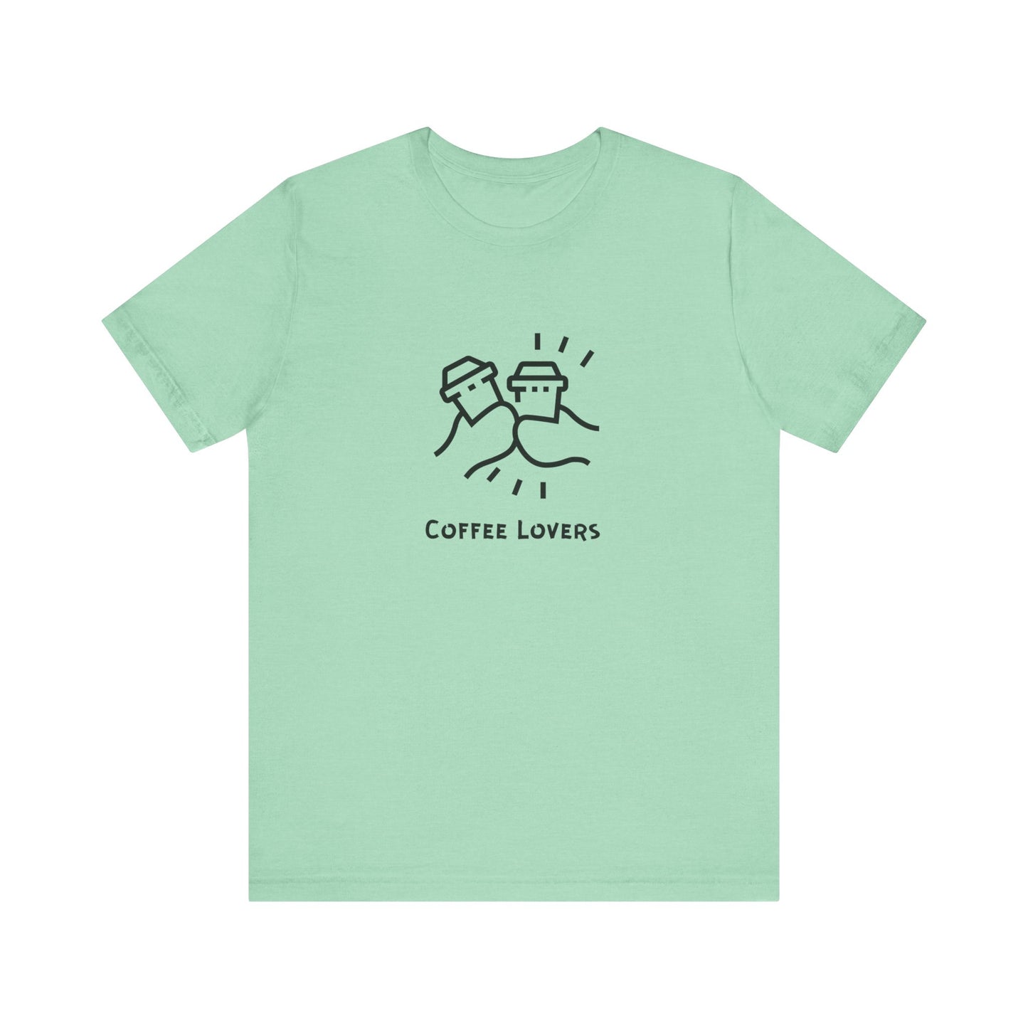 Mint green Printify T-shirt with coffee lovers tee design and simple black coffee cup illustration