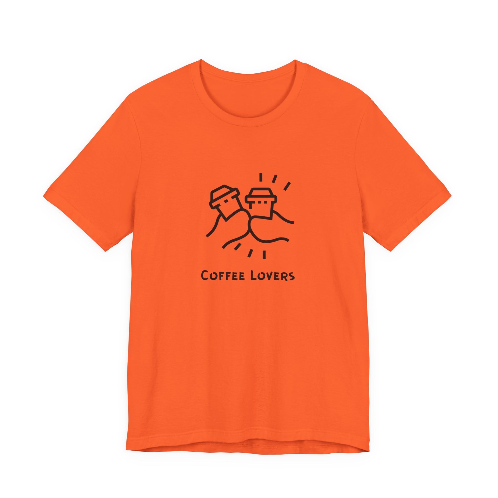 Orange coffee lovers tee with black graphic of two hands holding coffee cups from Printify