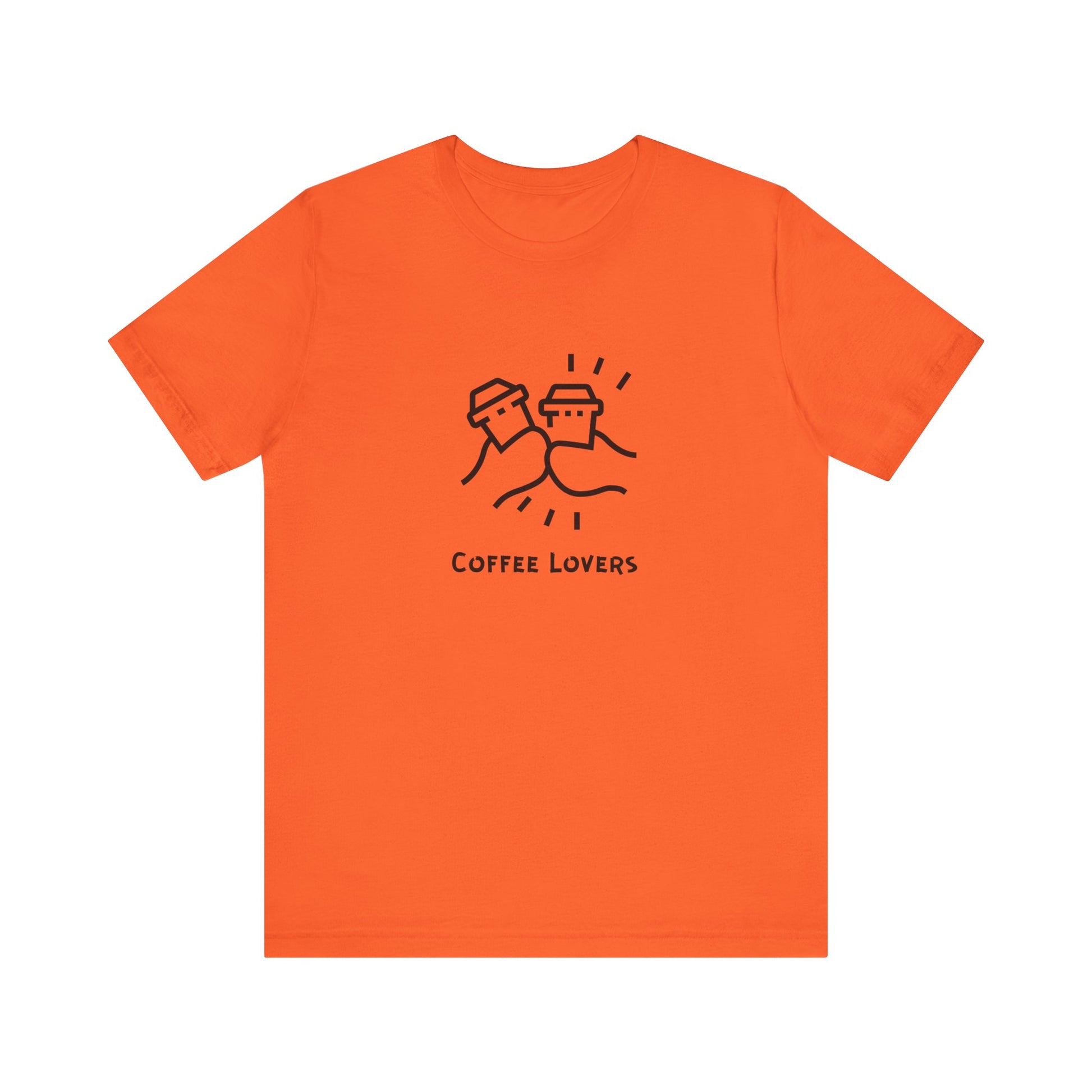 Orange Printify t-shirt with coffee lovers tee design and graphic illustration on front
