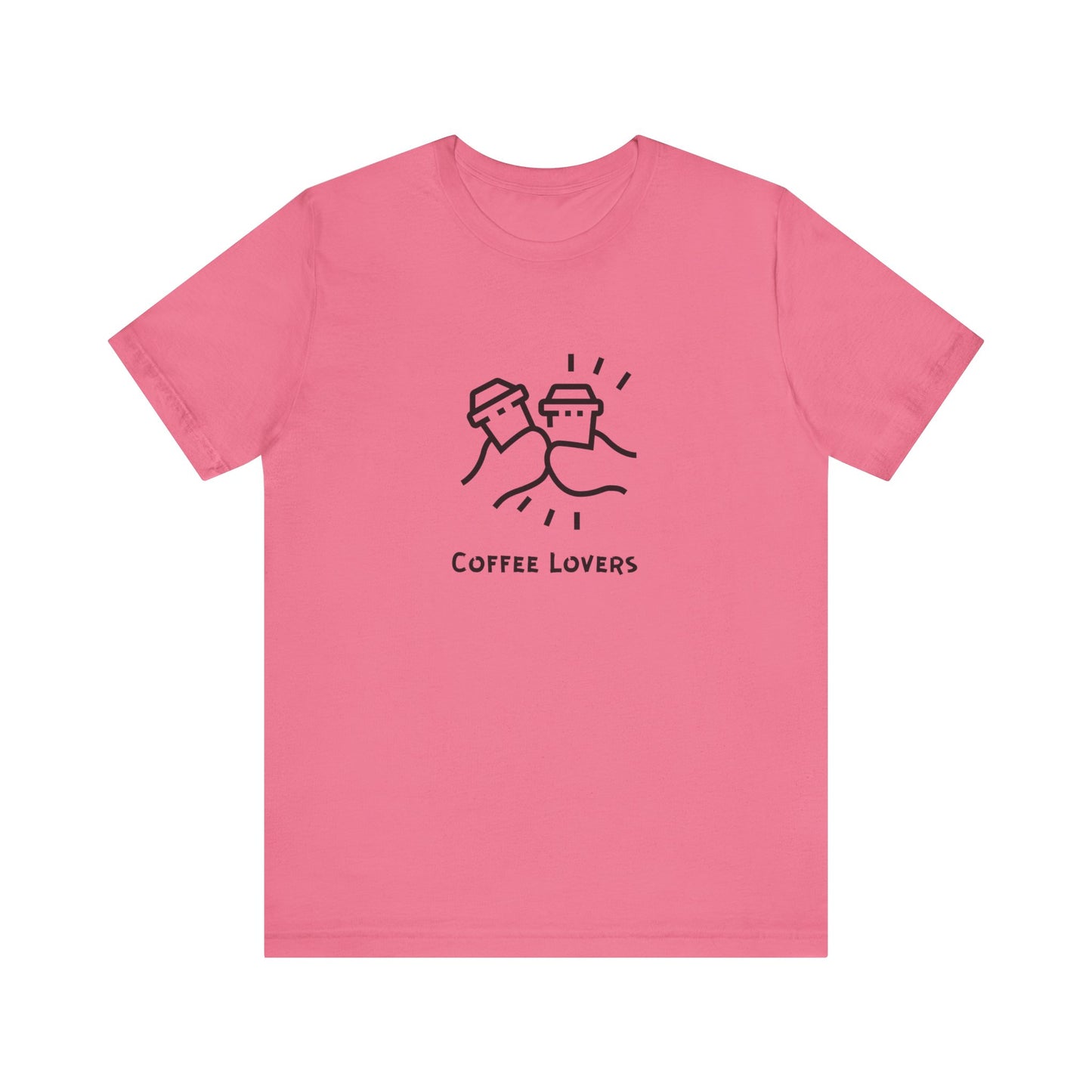 Pink Printify coffee lovers tee with simple black coffee cup design and text coffee lovers