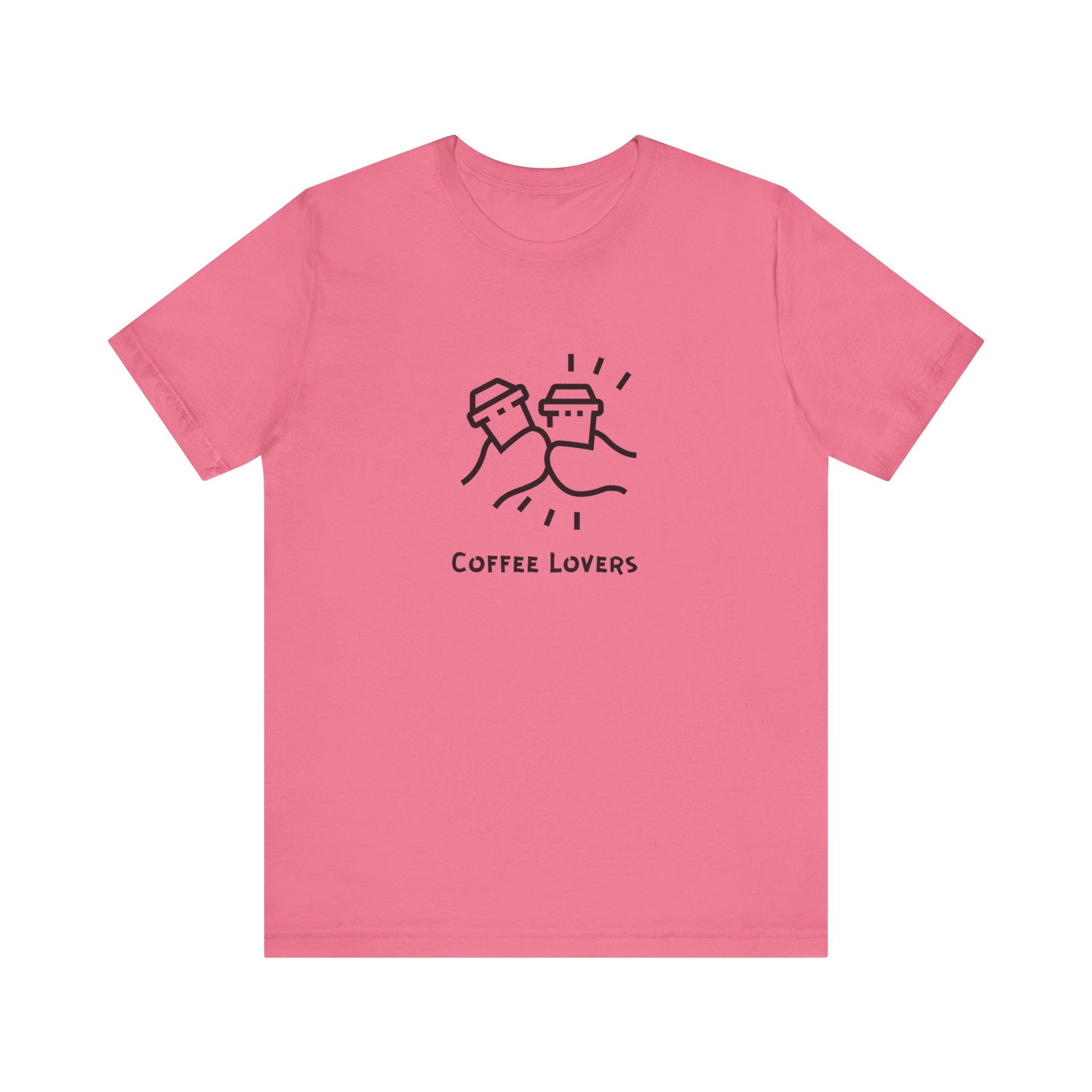 Pink Printify coffee lovers tee with simple black coffee cup design and text coffee lovers