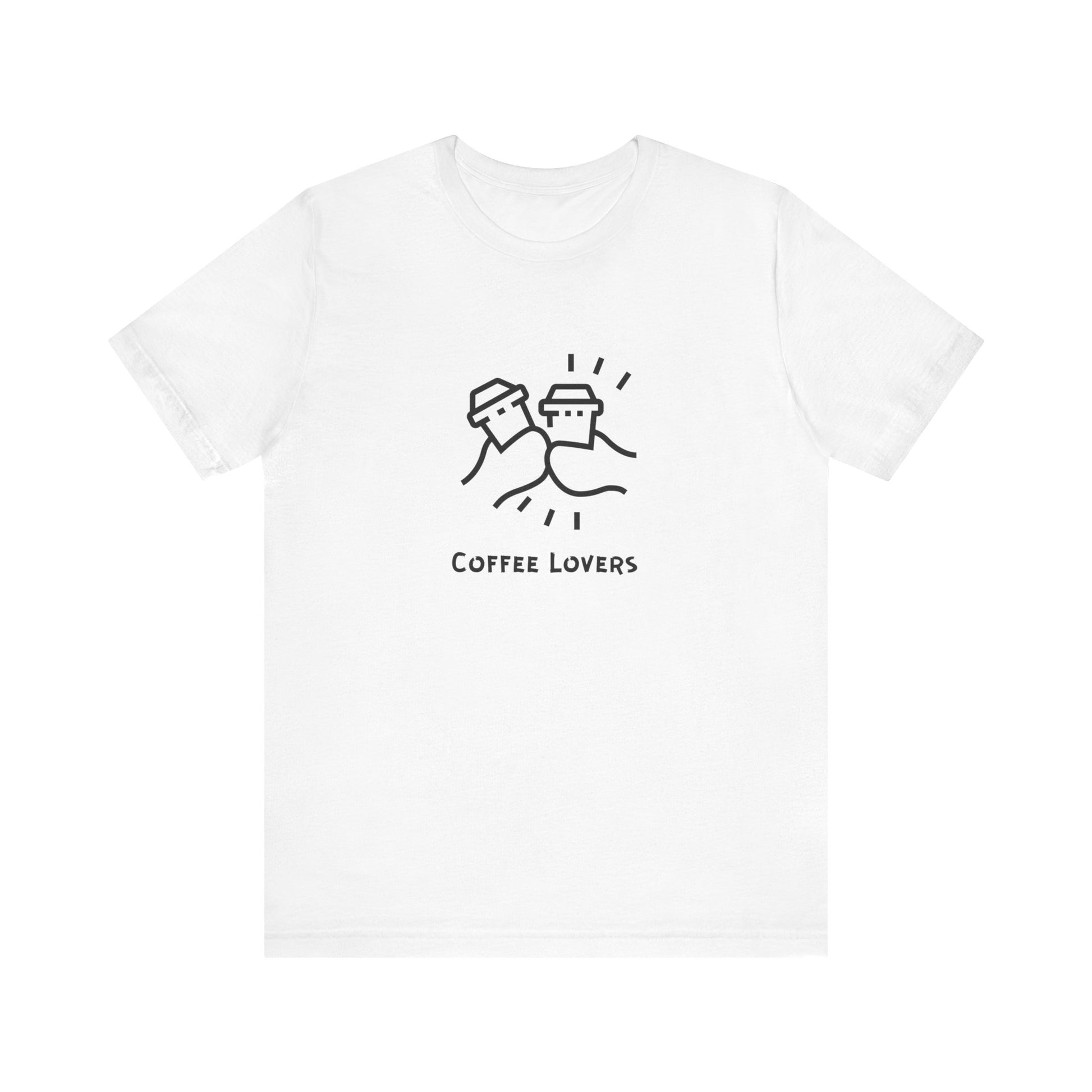 White Printify t-shirt with minimalistic coffee cup illustration and coffee lovers tee text
