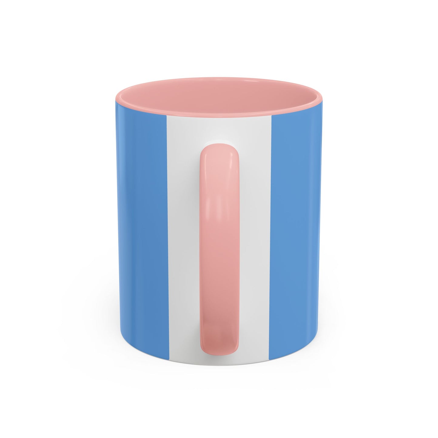 Printify coffee mugs with blue exterior white stripe and pink handle and interior