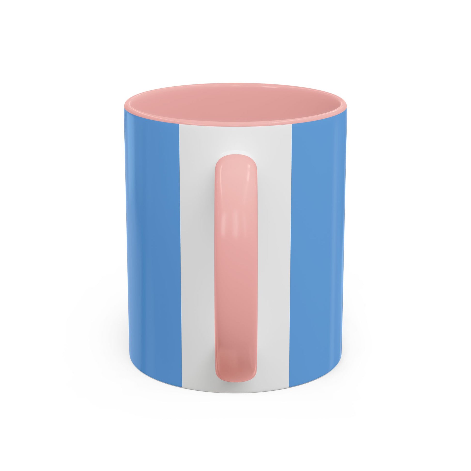 Printify coffee mugs with blue exterior white stripe and pink handle and interior