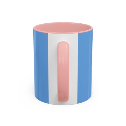 Printify coffee mugs with blue exterior white stripe and pink handle and interior