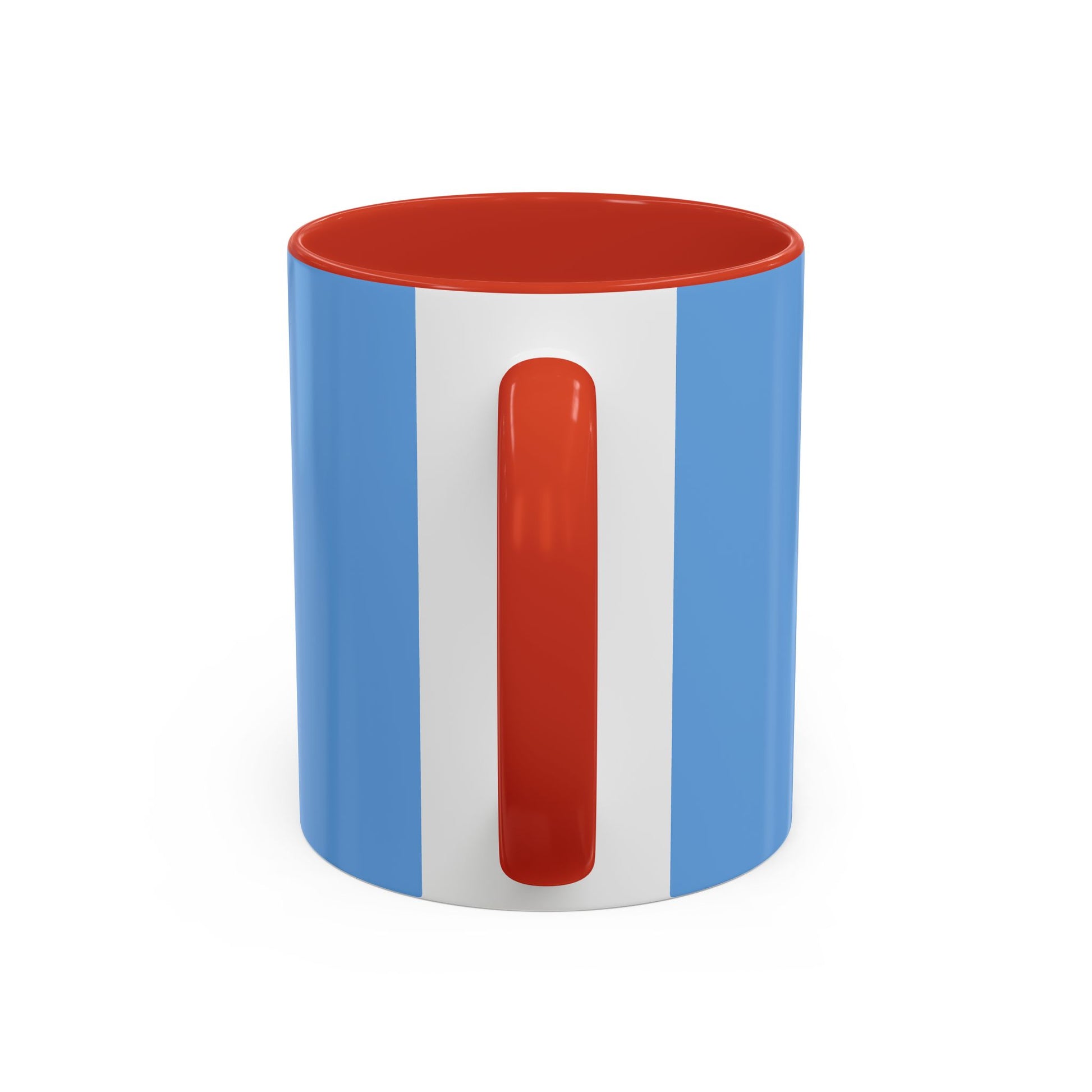Printify coffee mugs with blue exterior, white stripe, and red handle and interior