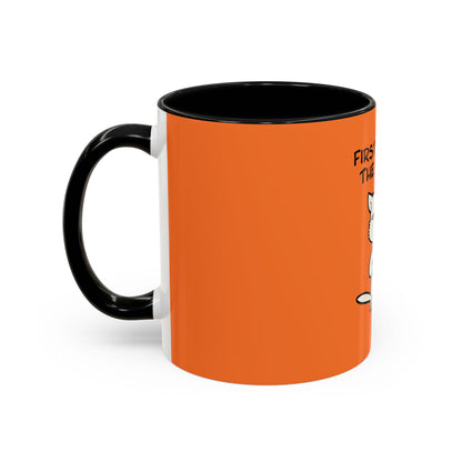 Printify coffee mugs with orange exterior and black handle and interior featuring a partial cartoon design